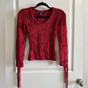 INC International Concepts Red Fuzzy Sweater with Ribbon
